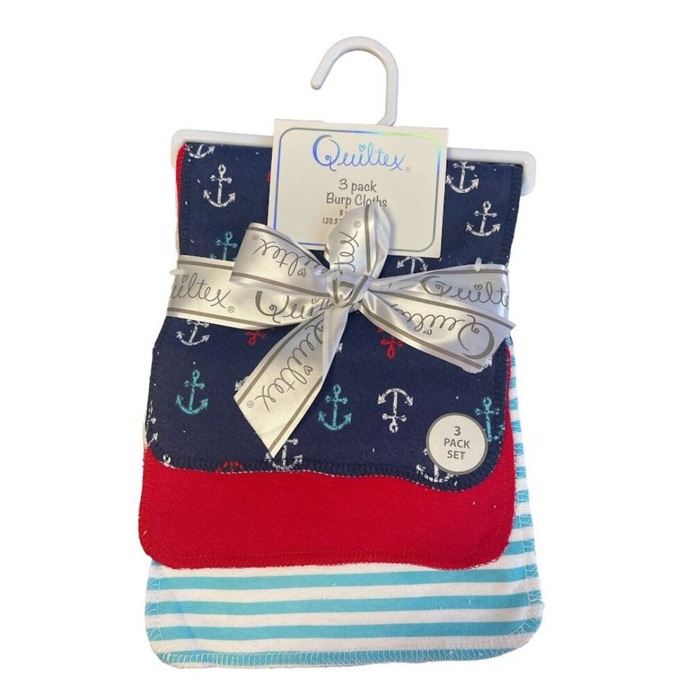 Quiltex 3-Pack Burp Cloth For Babies Anchors/Stripes/and Solid Red Colorway